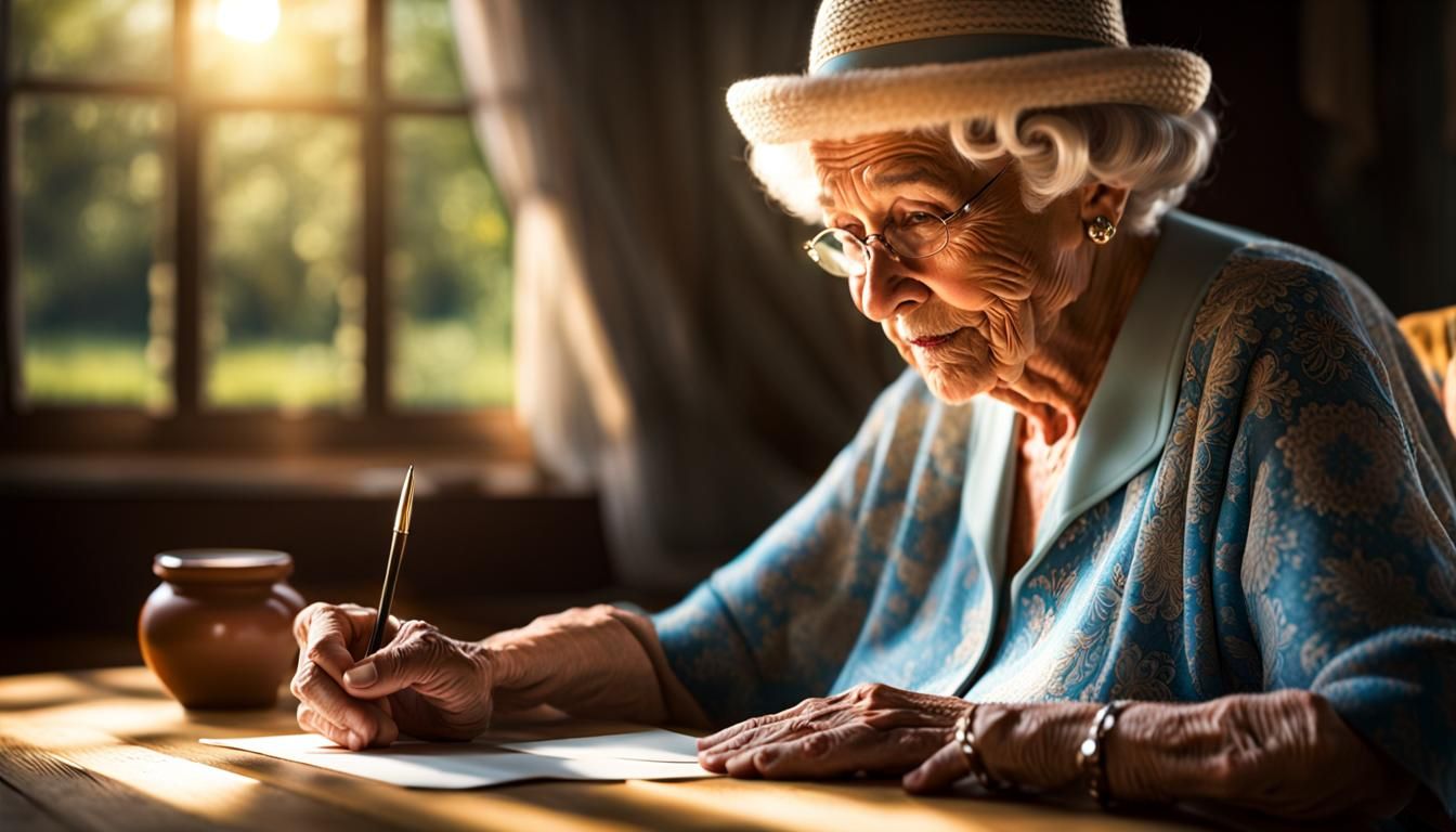 Hyperrealistic Old Woman Making Postcards in Countryside