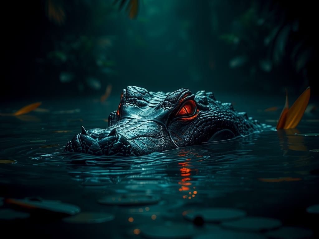 Crocodile Head Emerges at Night as Matte Painting