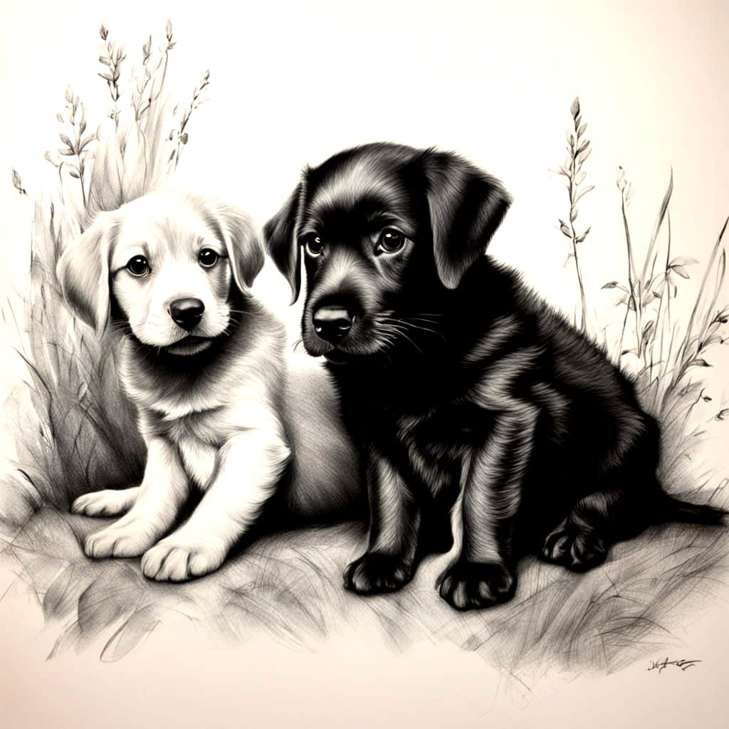 Black and White Puppies in Charcoal