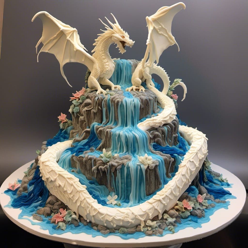 Elegant Wedding Cake with Dragon and Waterfall