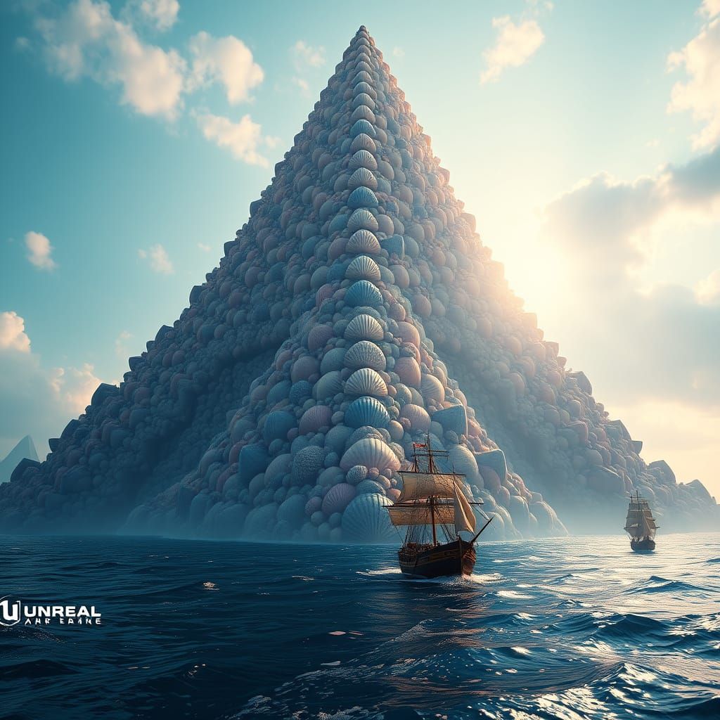 Seashell Pyramid Rising from the Ocean in Dreamlike Scene