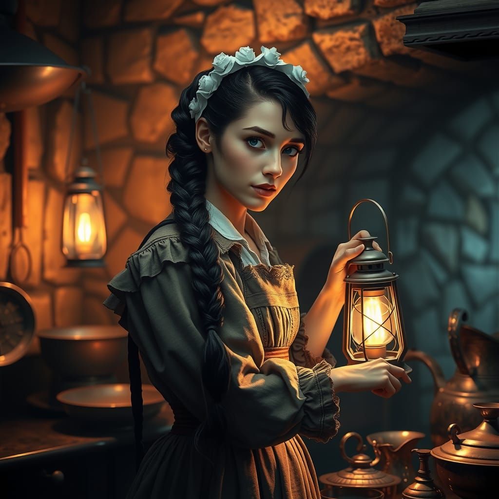 Scullery Maid Polishing Copperware in Mystical Lighting