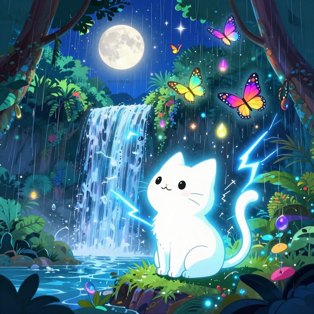 Glowing Cartoon Cat by Waterfall with Blue Lightning