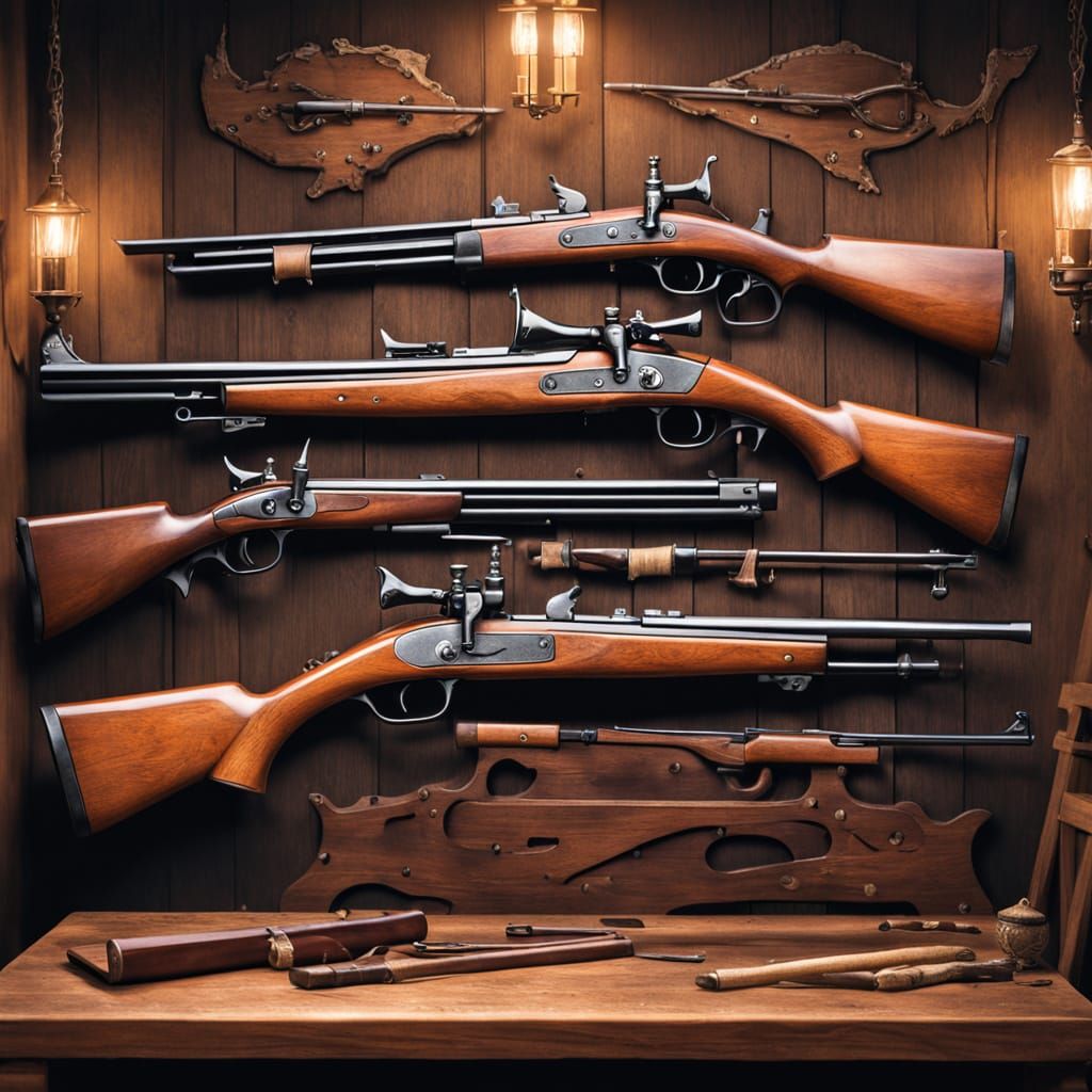 Historically Accurate Gun Rack with Five Flintlock Muskets i...