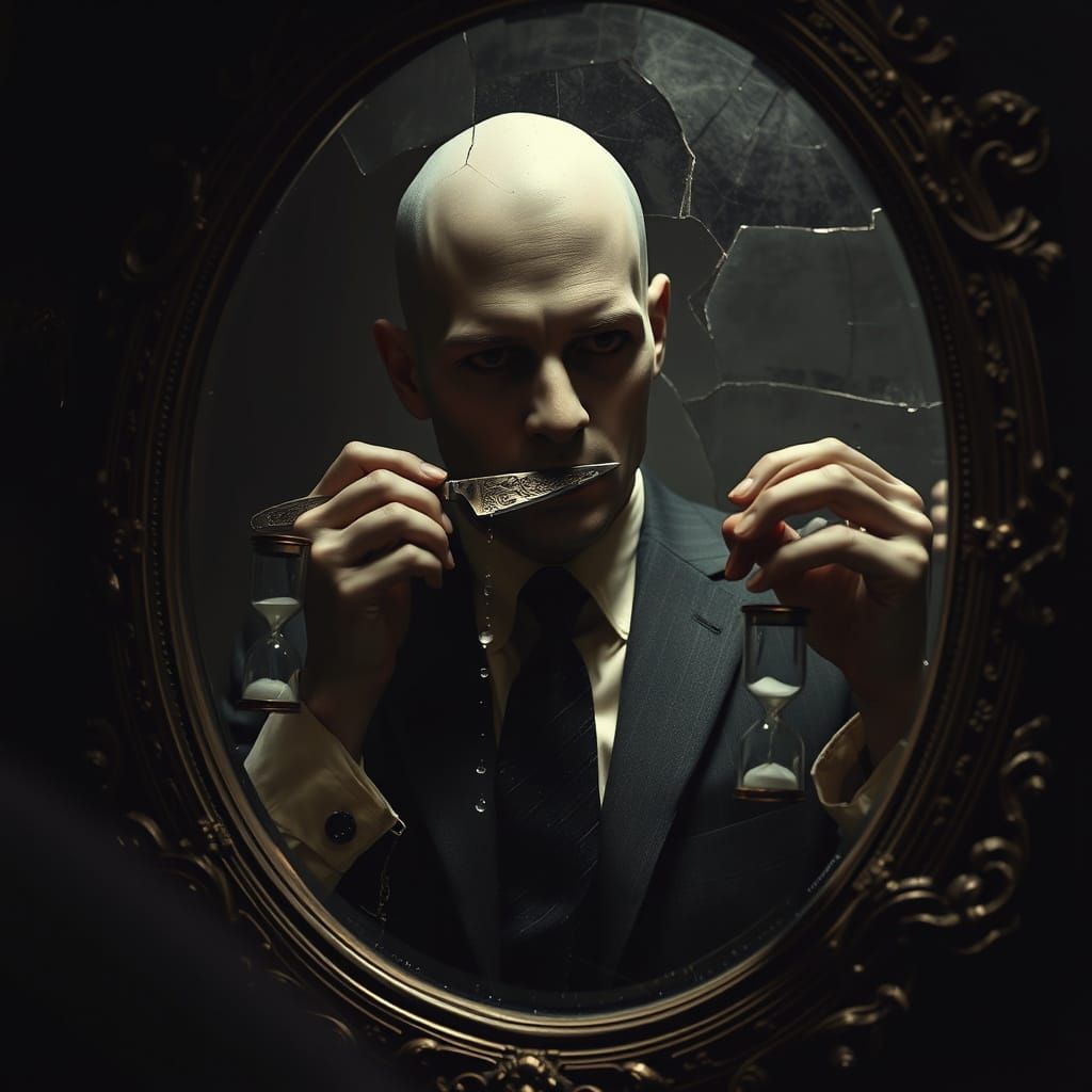 Faceless Man Shaving Hourglasses in Cracked Mirror