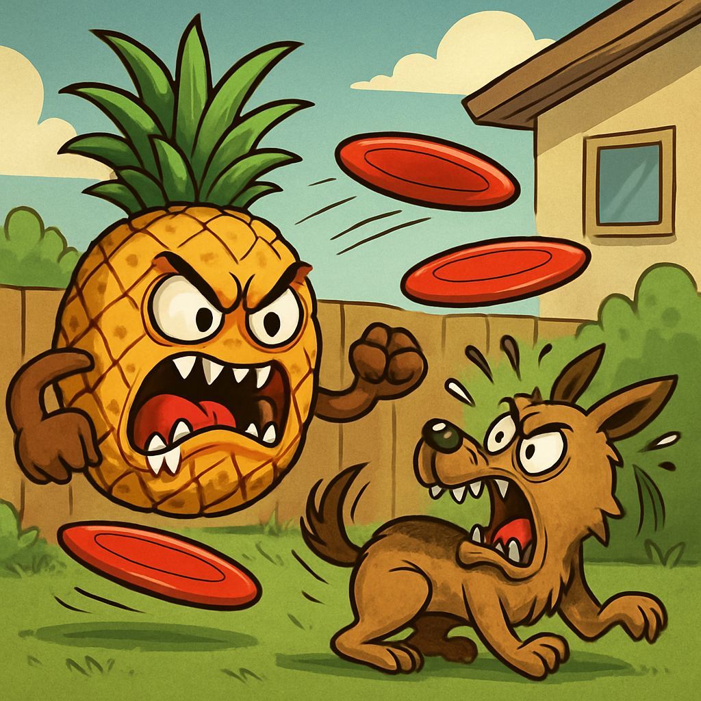 Rabid Pineapple Hurls Frisbees at Dog