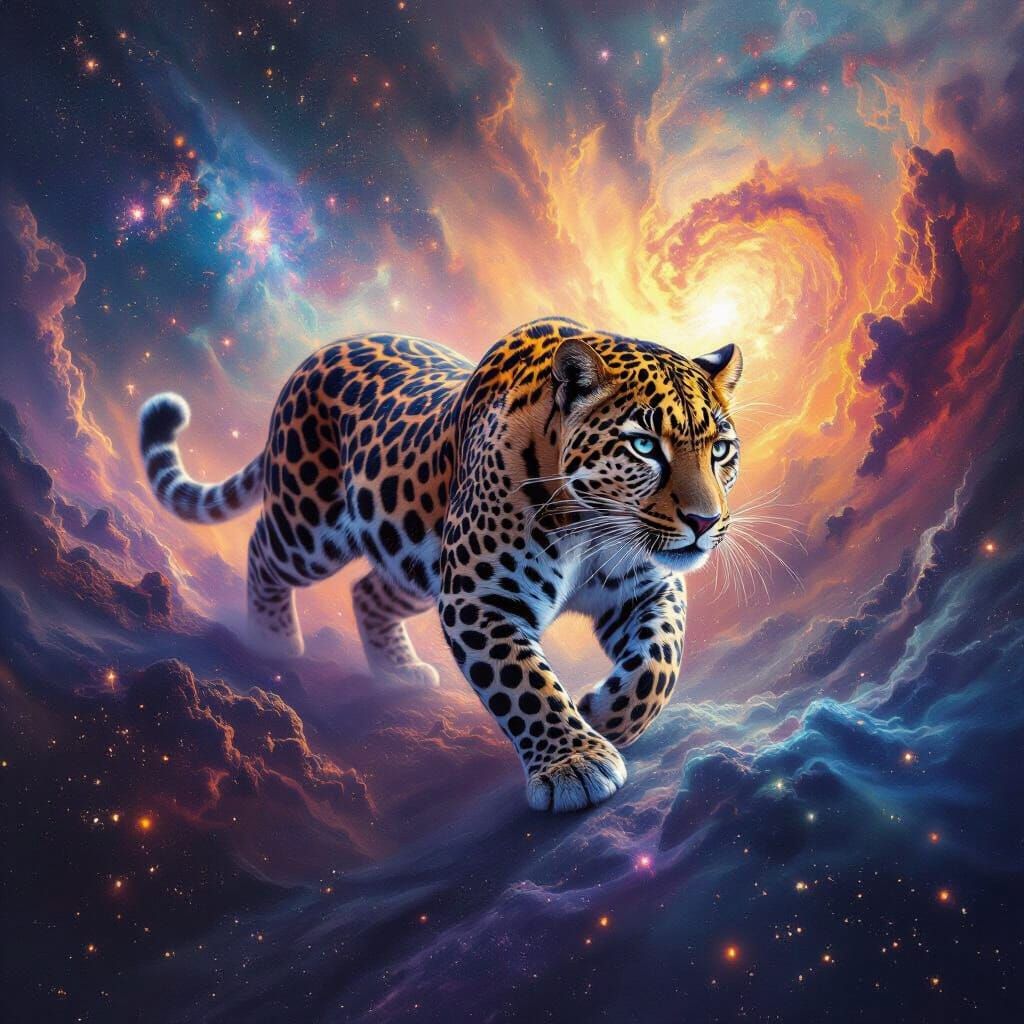 Hyperrealistic Leopard in Cosmic Nebula