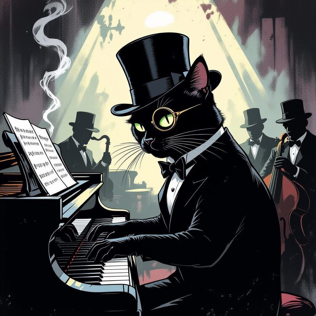 Bombay Cat Plays Piano in Noir Jazz Club