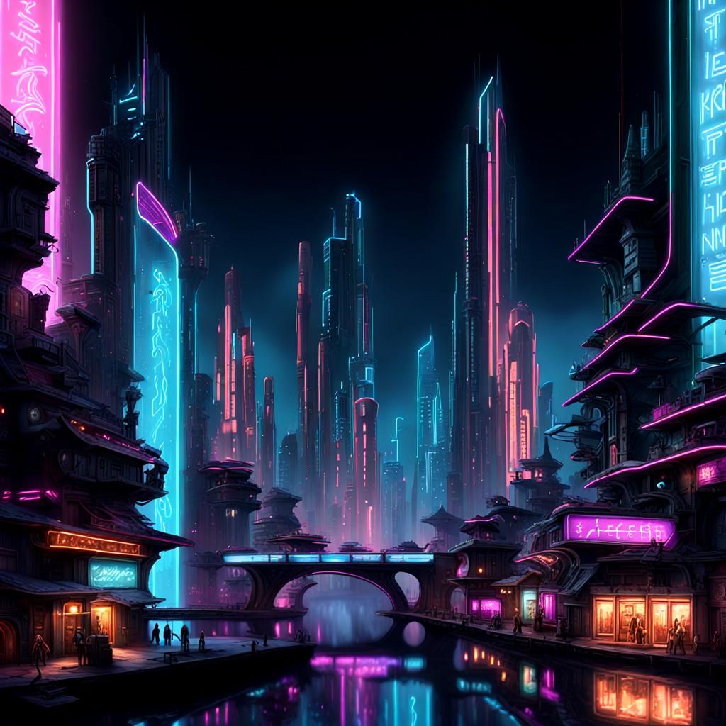 Fantasy futuristic city, neon signs, neon lights, exquisite,...