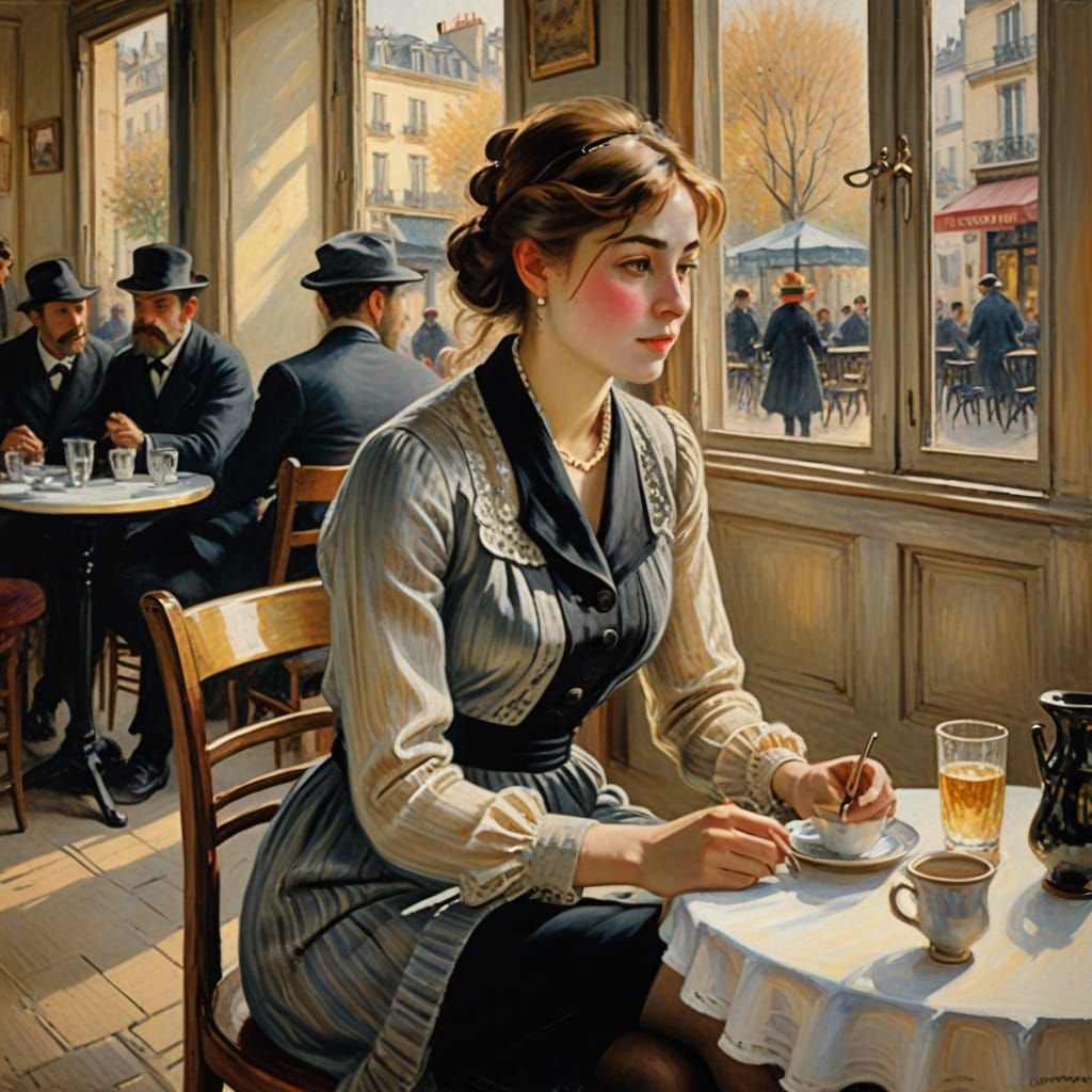 Impressionist Parisian Cafe Scene with Elegant Woman