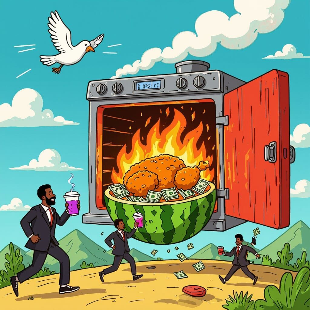 Cartoon Oven with Burning Chicken on Watermelon Mountain