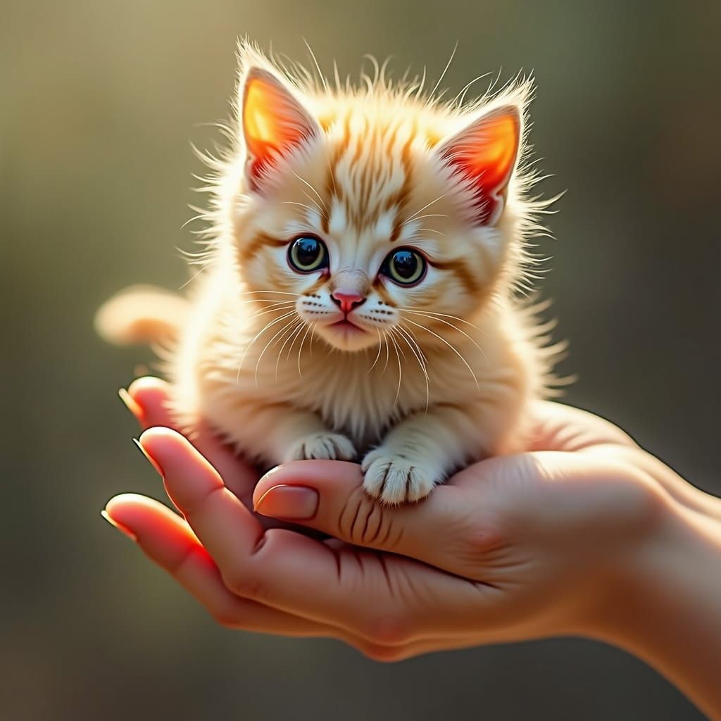 Miniature Kitten on Finger in Watercolour Style