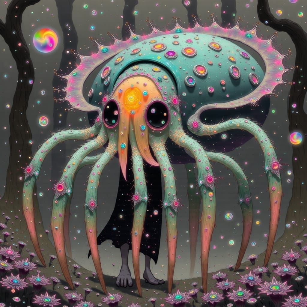 Whimsical Orange Octopus-Spider Creature in a Dreamlike Fore...