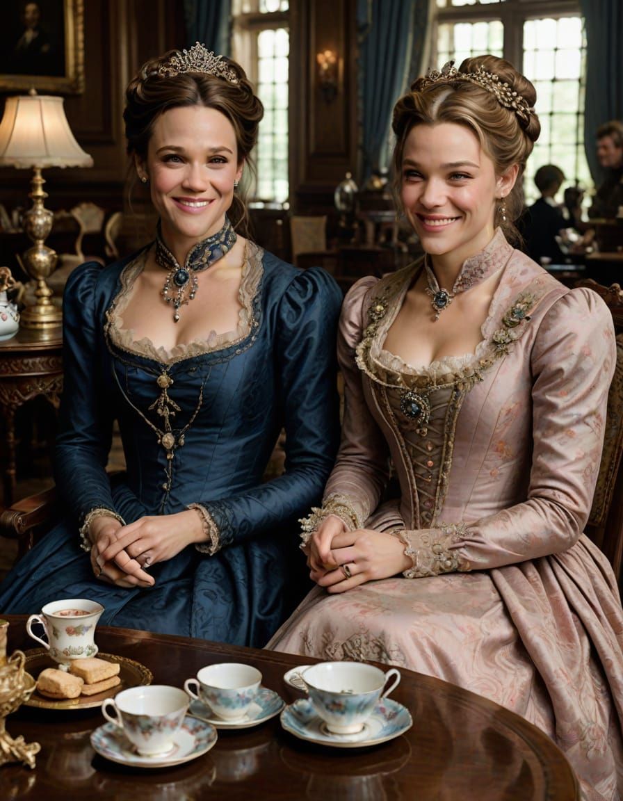 Elegant Victorian Women Share a Delicate Moment Over Tea