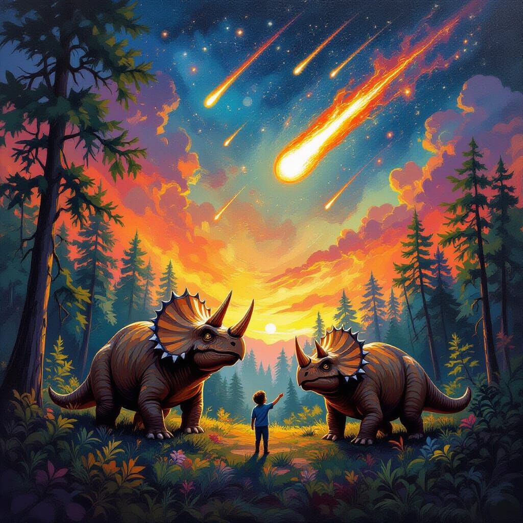Triceratops Family Shelters from Meteor Shower, Oil Painting