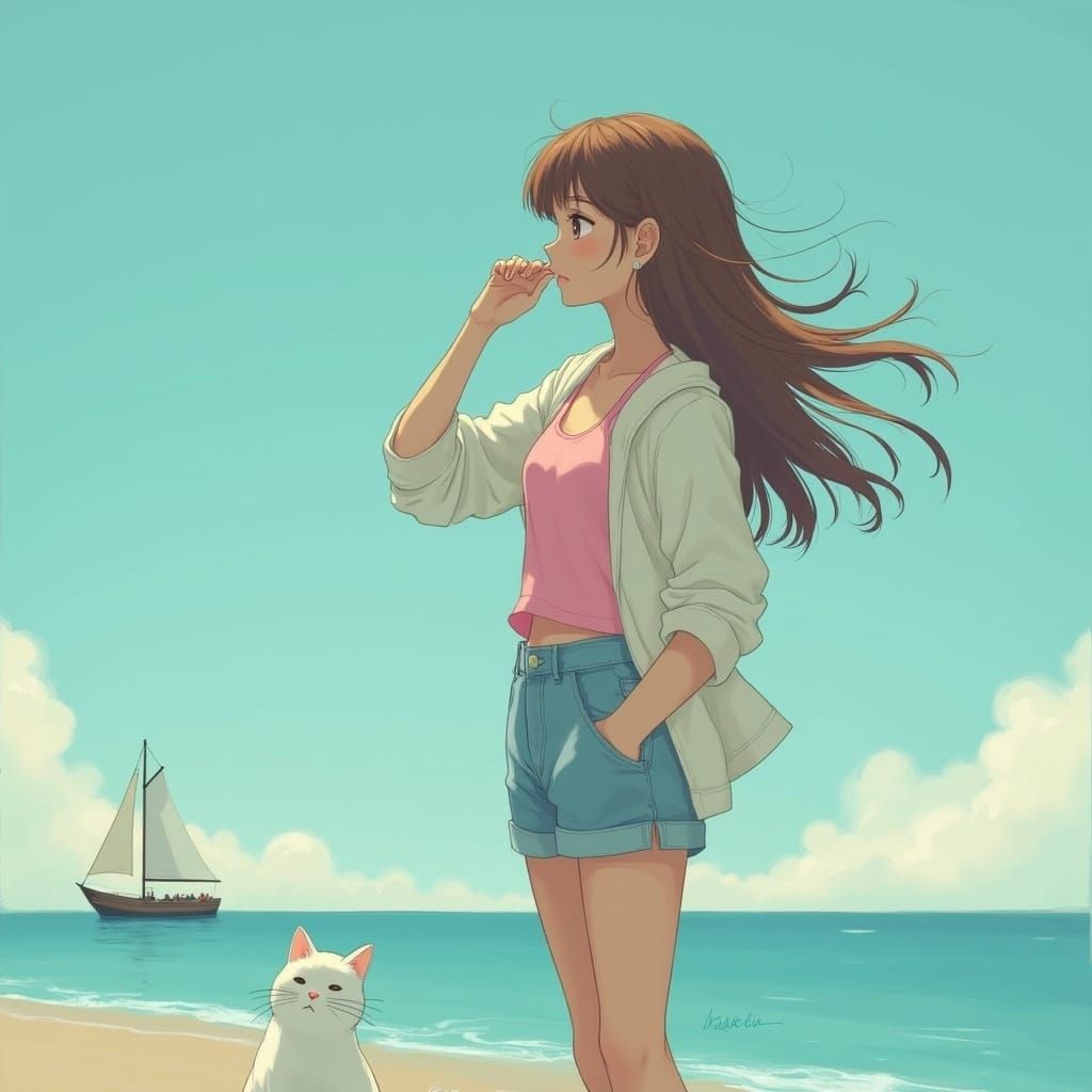 Young Woman on Beach in Tranquil Realism Style
