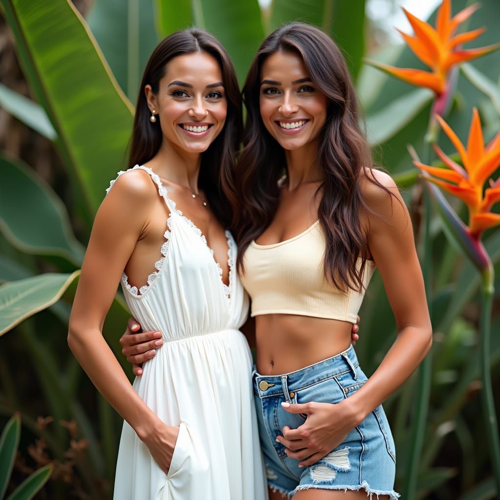 Brunette Models Posing in Tropical Environment