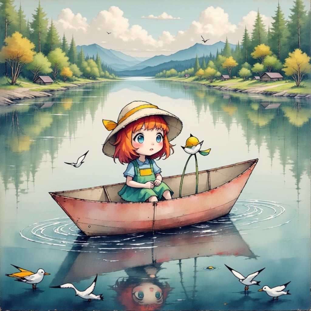 Whimsical Girl Sails Delicate Paper Boat on Serene Ocean