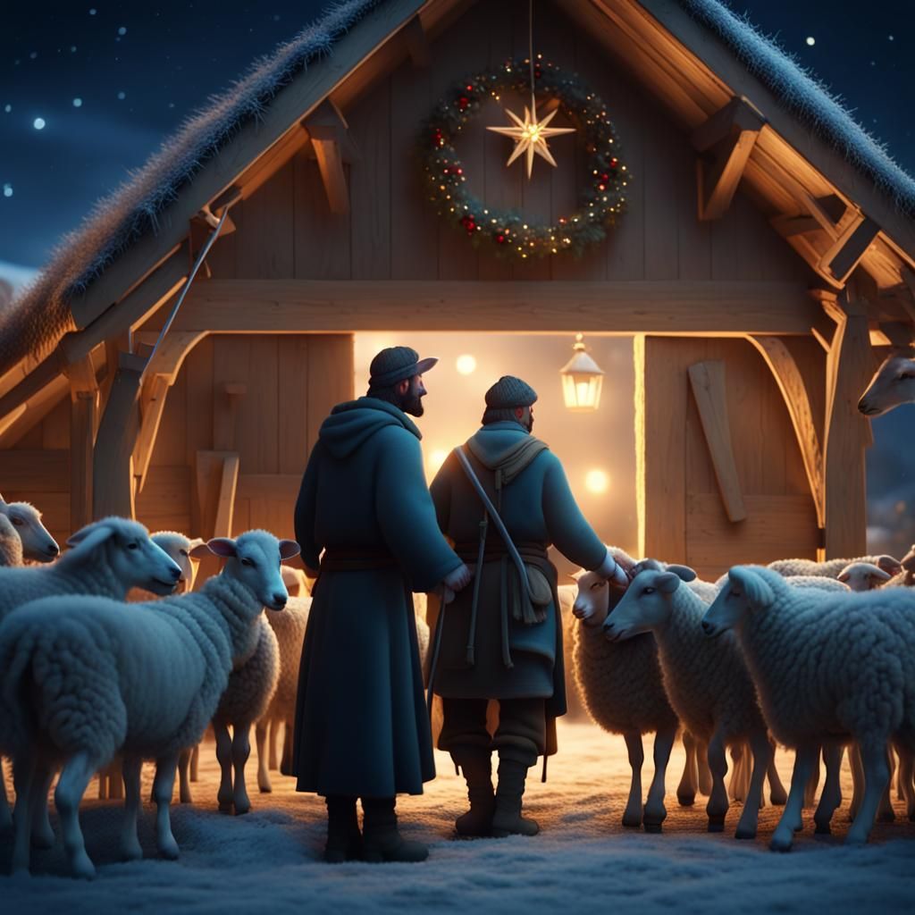 Shepherds and Sheep at Christmas Stable in Star Light