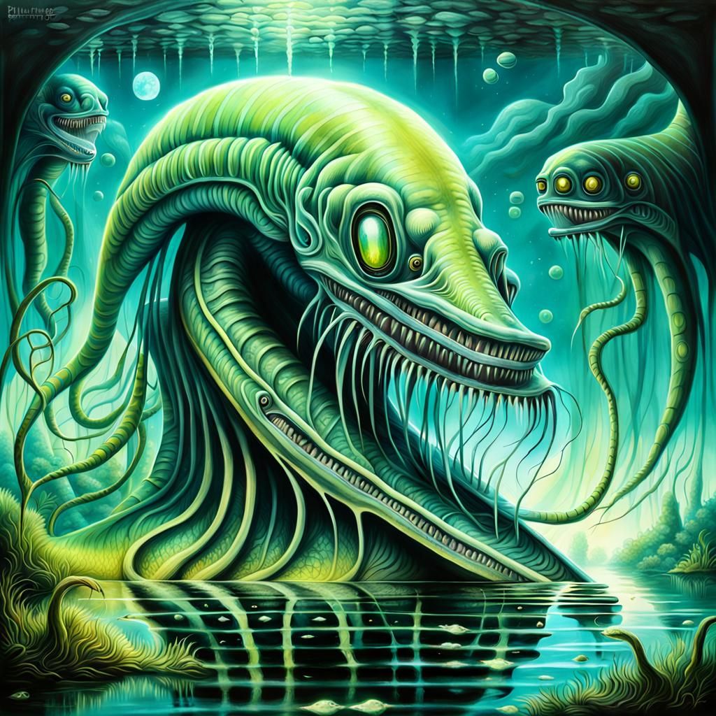 Bioluminescent Lamprey-Celery Hybrid in Surrealist Style