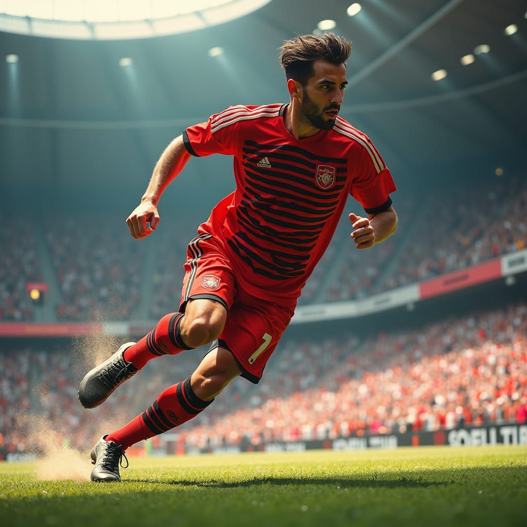 Dynamic Footballer Sprinting in Stadium, Gritty Style