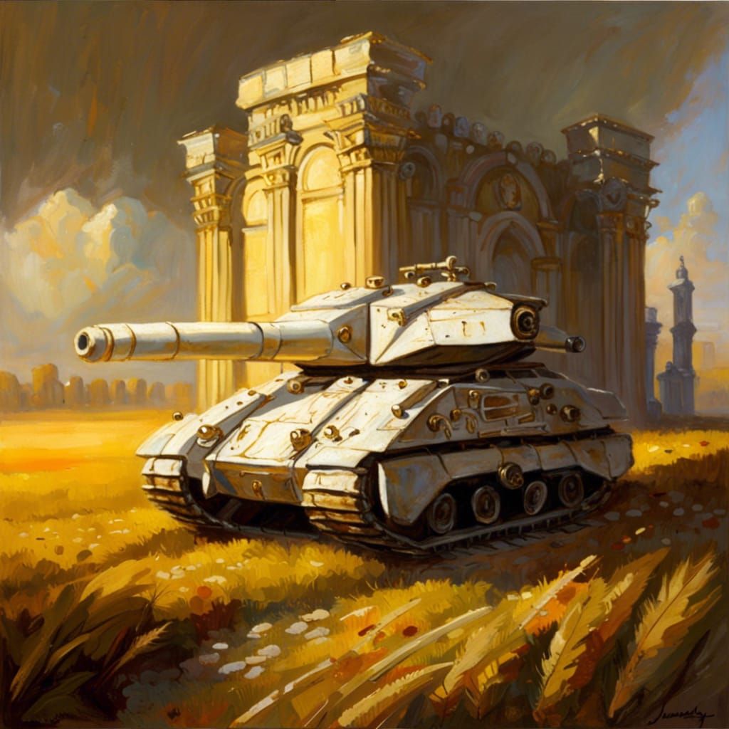 Gothic Battle Tank Amidst Golden Ruins