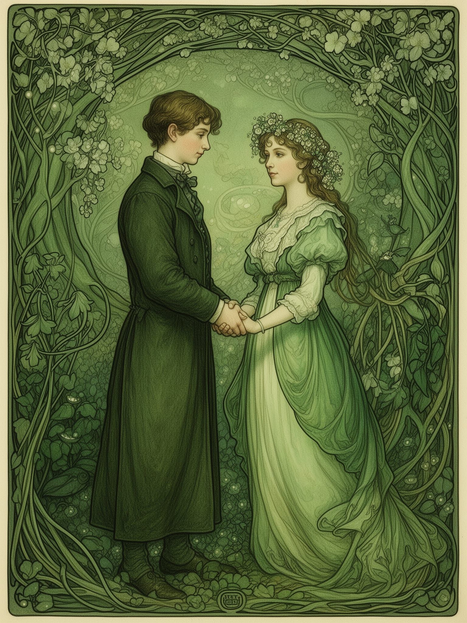 Art Nouveau Couple in Emerald Green, Arthur Rackham Inspired