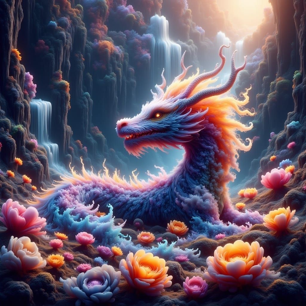 Serene Dragon in Vibrant Iridescent Meadow