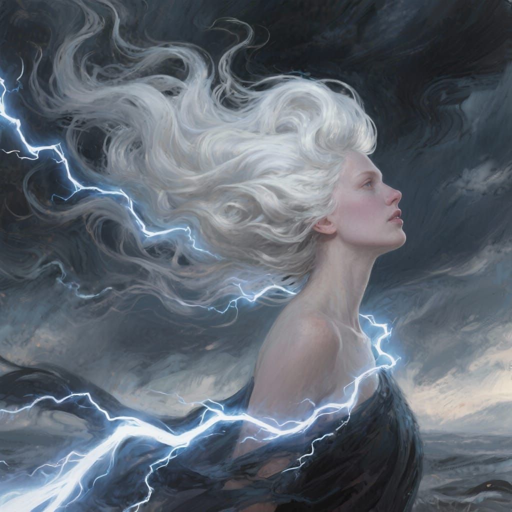 A woman with high bouffant long white hair that swirls upwar...