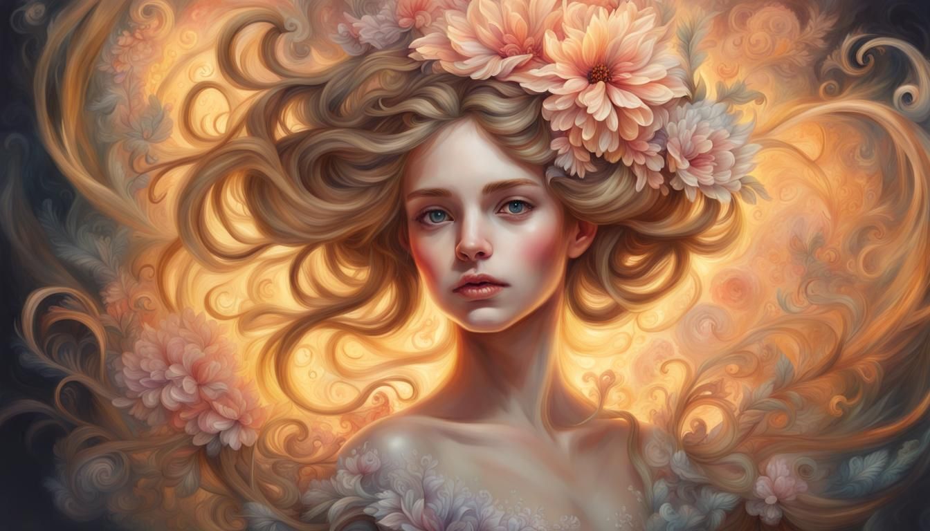 Fantasy Glowing Flower Girl Portrait in Watercolor