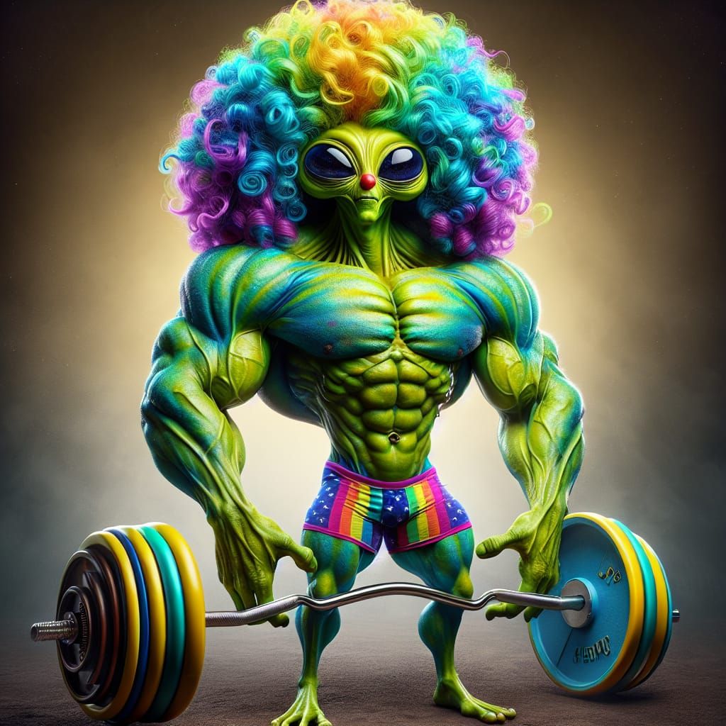 Cosmic Clown Bodybuilder in Vibrant Colors