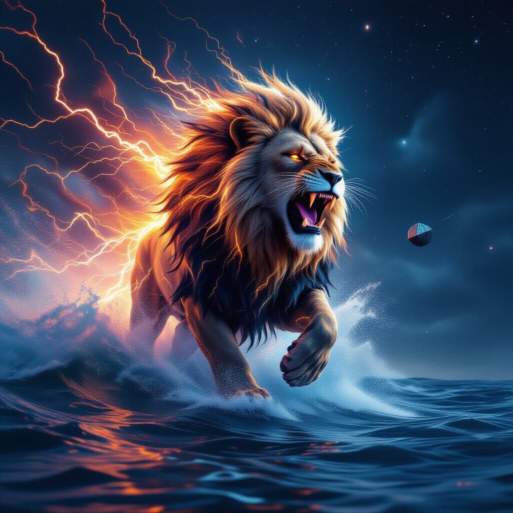 Abstract Energy Lion Roaring from Digital River in Space