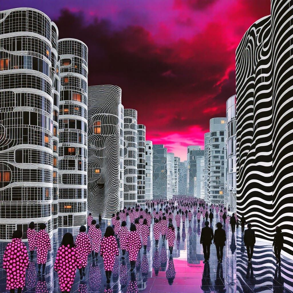 Surreal Cityscape at Dusk with Geometric Grids and Glowing M...