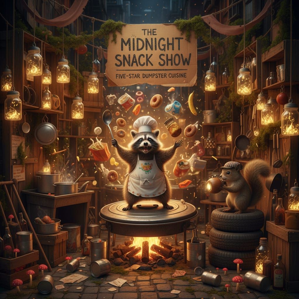 Raccoon Chef Hosts Chaotic Cooking Show in Alleyway Kitchen