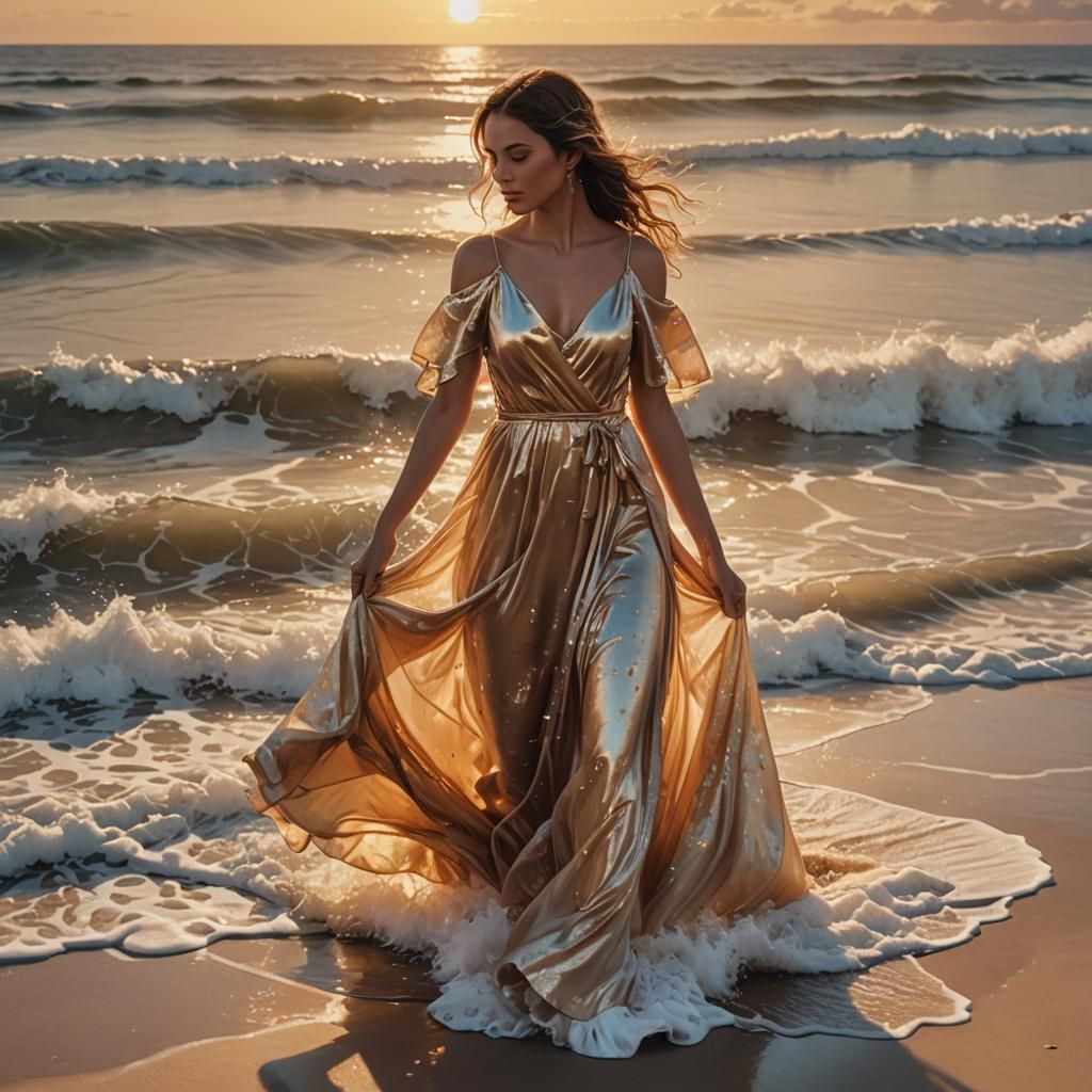 Girl Merges with Ocean Waves at Sunset Beach