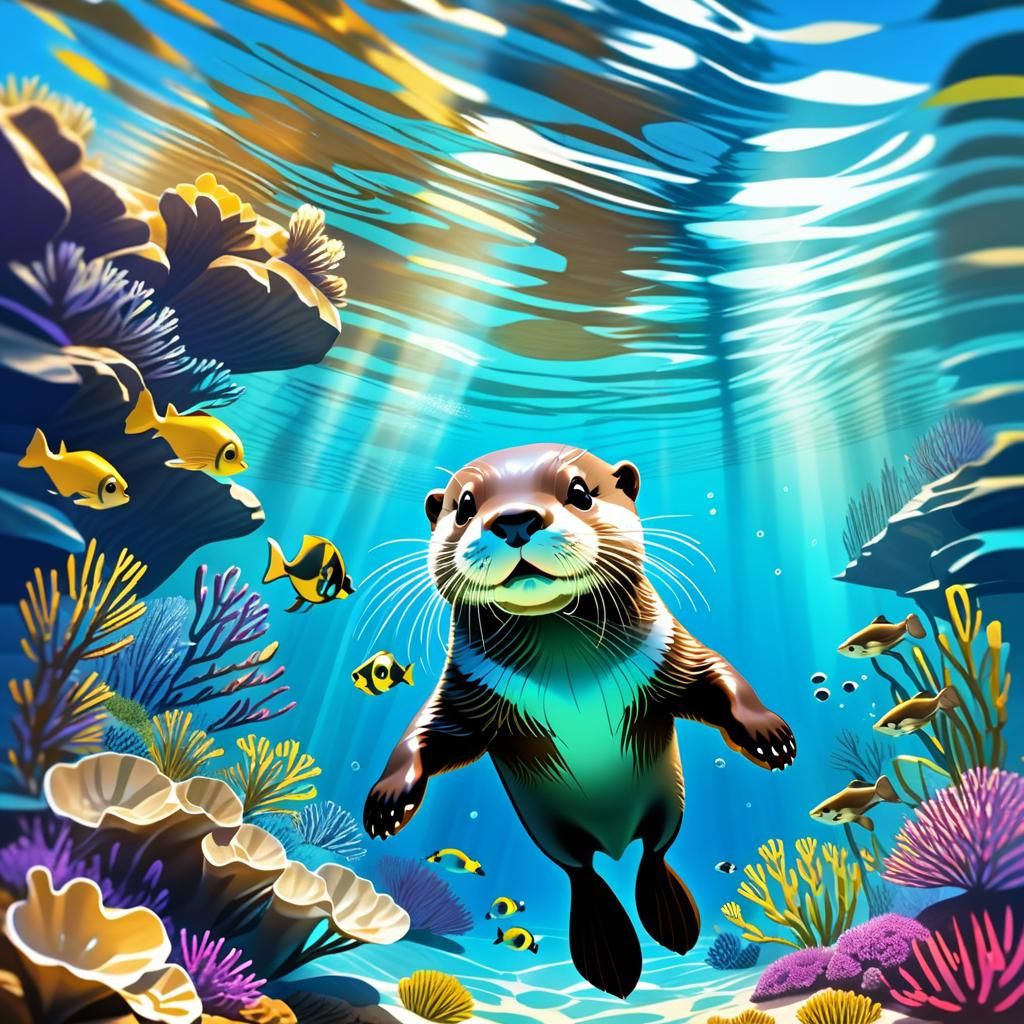 Playful Otter in Mystical Underwater Habitat