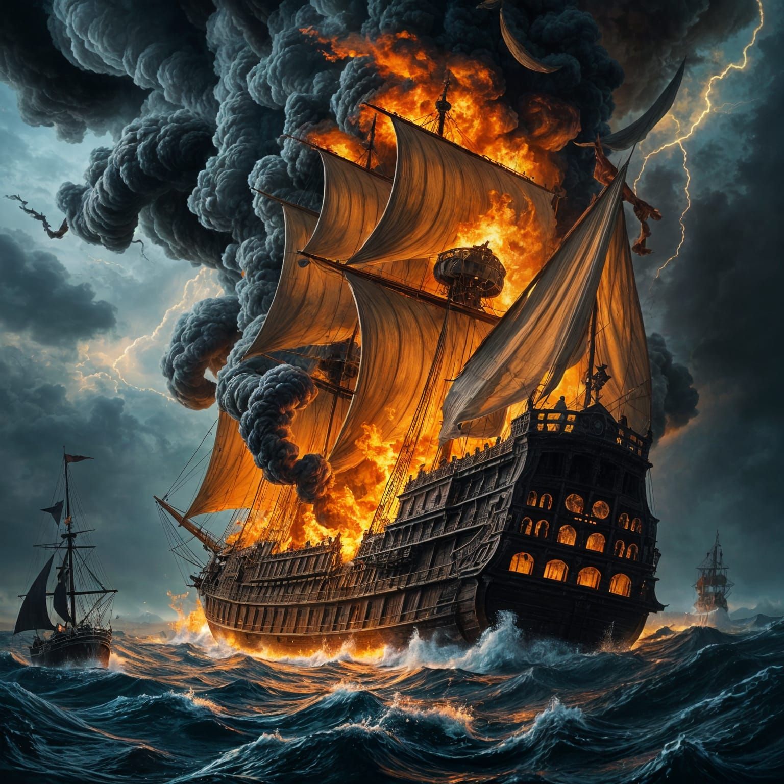 Majestic Spanish Galleon Engulfed in Fiery Inferno at Stormy...