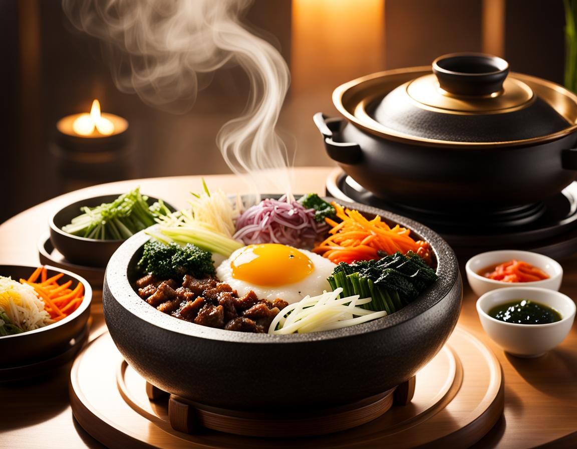 Steaming Korean Bibimbap in Stone Pot