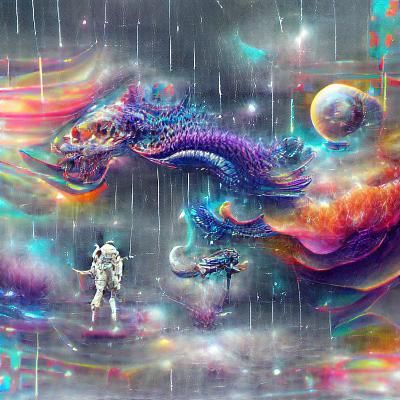 Astronaut, Dragon, and Rain in Cosmic Illustration