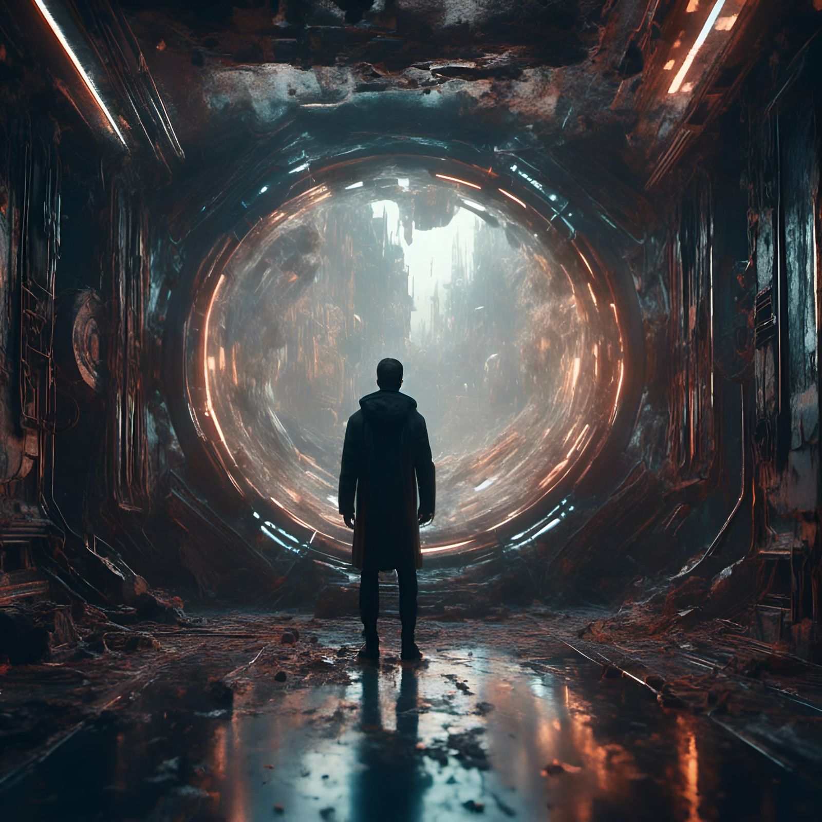 Man Watches TV in Futuristic Cyberpunk Cityscape