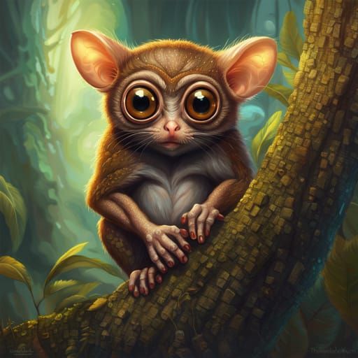Mystical Tarsier in Magical Forest, Digital Art