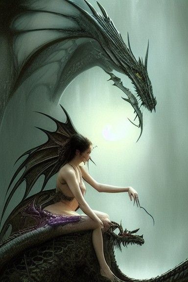 Magical Dragon Books and Moon Trees in Scenic Digital Art