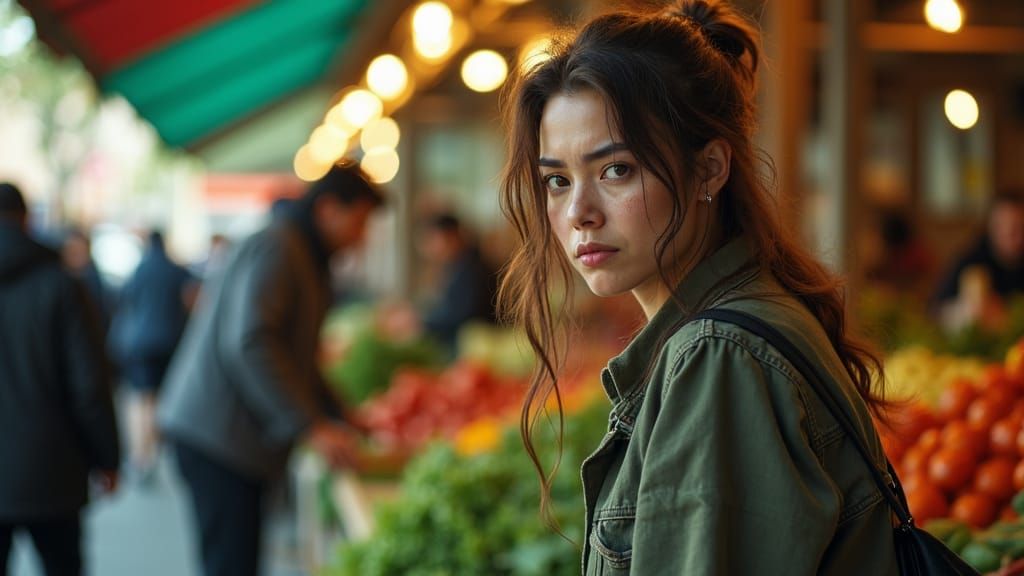 Frazzled Mom's Intense Stare at Farmers Market