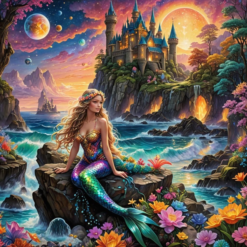 Neon Mermaid on Ocean Rock with Castle, Digital Art