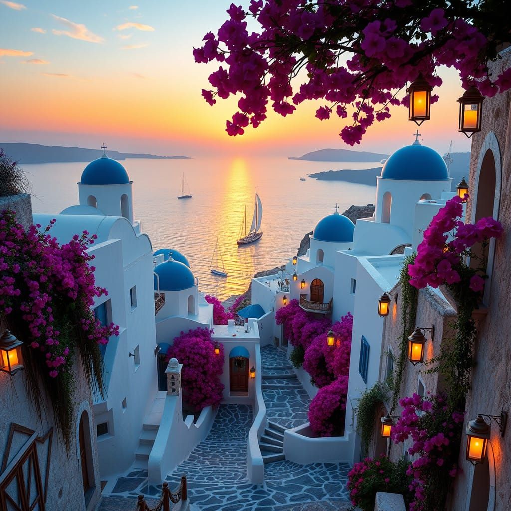 Santorini-Inspired Cliffside Village at Sunset