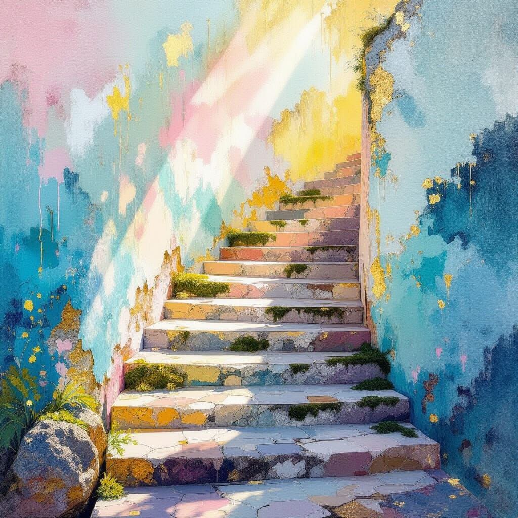 Metamodern Stairway Painting with Impressionist & Land Art F...