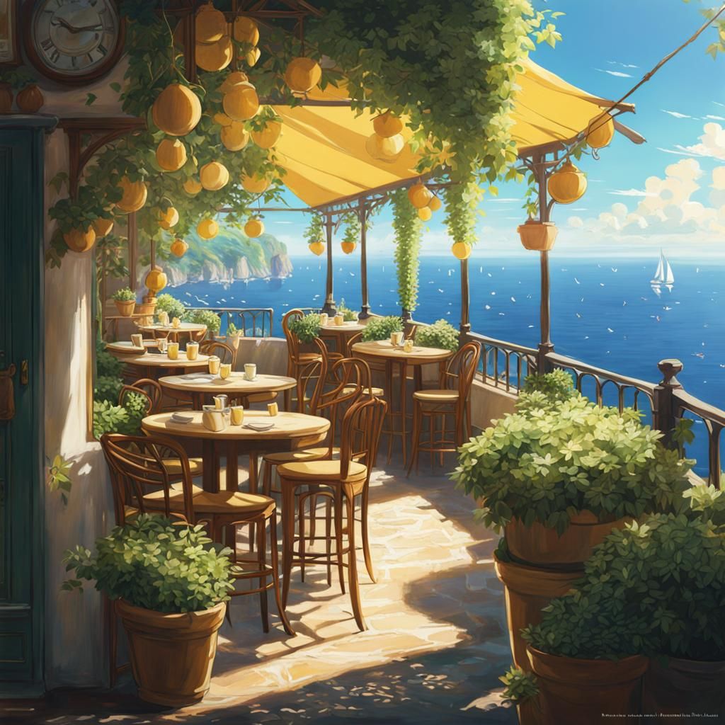 Seaside Italian Cafe in Anime Style