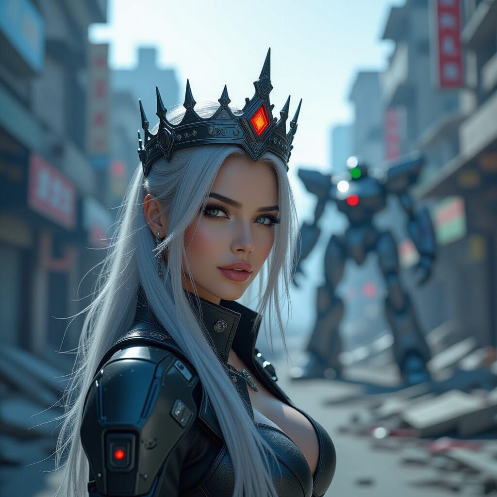Cyberpunk Queen and Mech in War-Torn City
