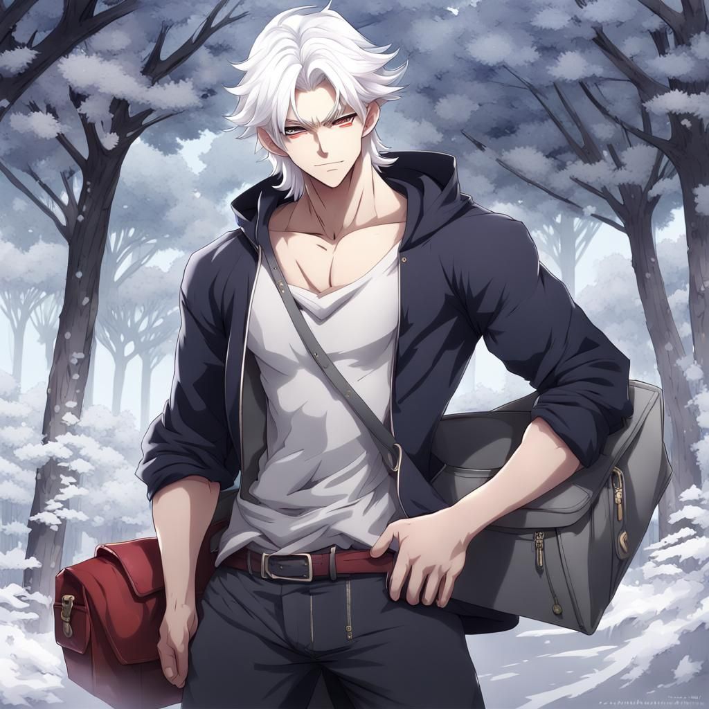 Attractive Anime Man with White Hair in Dark Theme