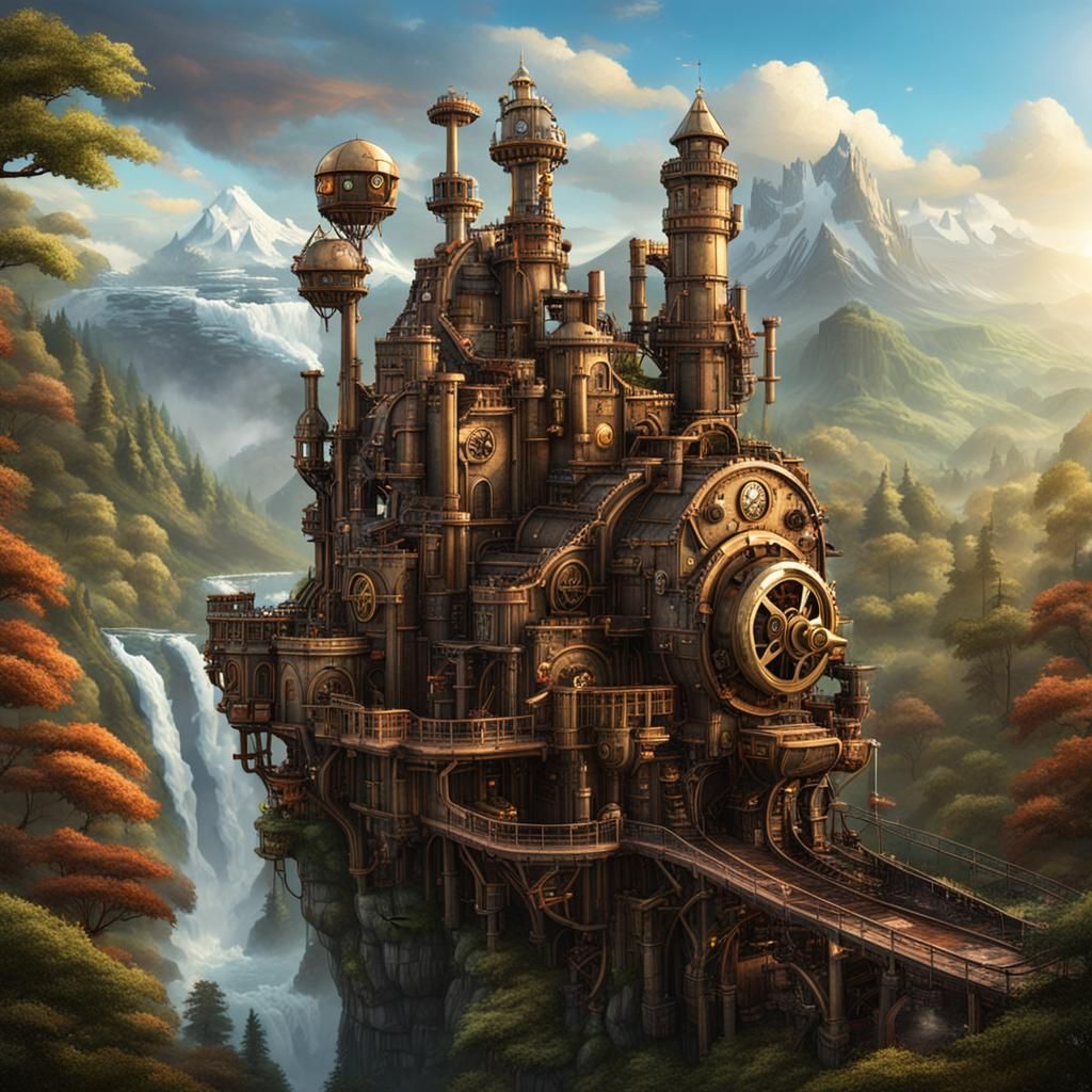 Steampunk Castle Amidst Forest with Waterfalls